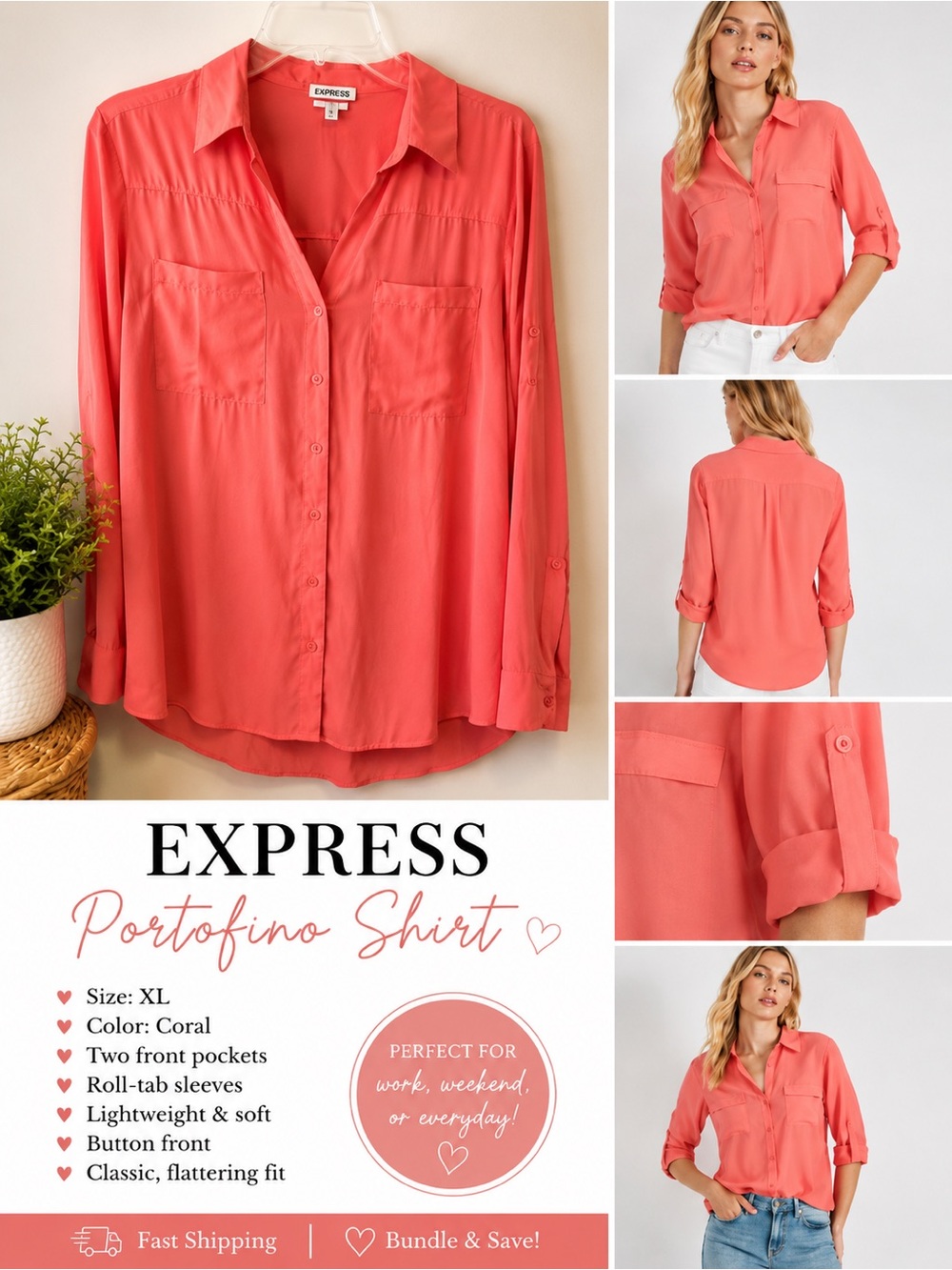 Express Coral Portofino Button-Up Blouse